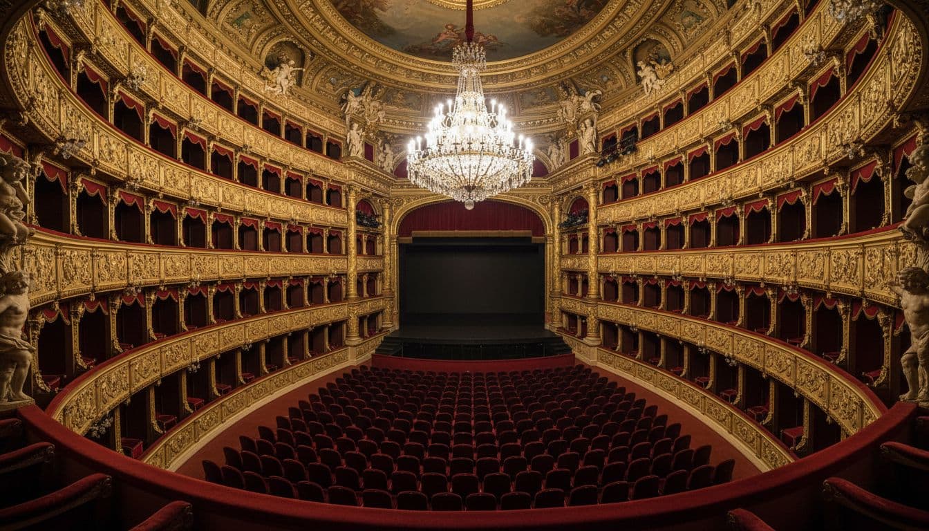 Elegant interior of Teatro La Fenice opera house in Venice, with ornate gilded boxes, chandelier-lit auditorium, and red velvet seats, empty before performance in grand rococo architecture.