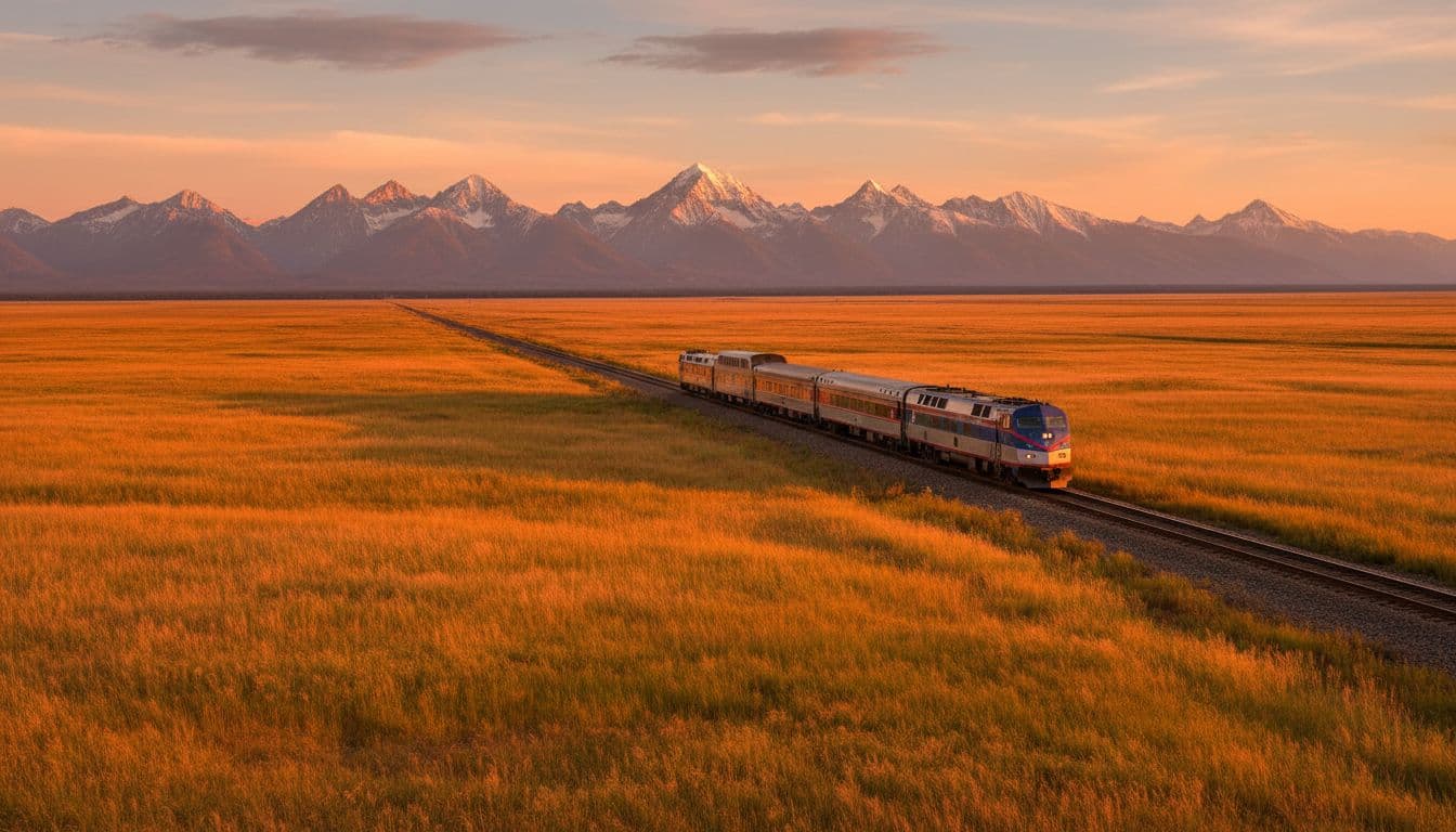 VIA Rail's The Canadian train crossing vast golden prairie fields with distant Rocky Mountains at sunset, showcasing the iconic prairie to Rockies transition in the expansive Canadian landscape.