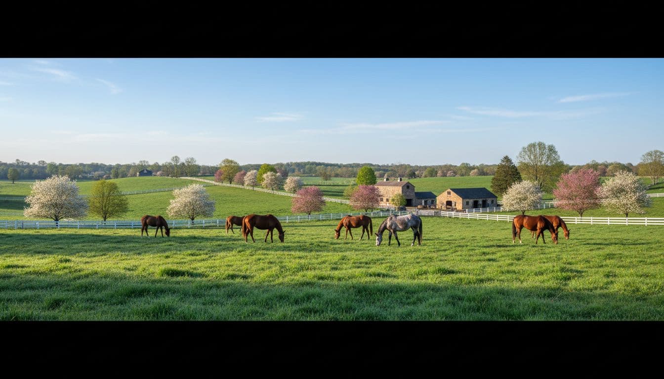 Thoroughbred horses graze peacefully in a lush green pasture on a sunny spring day at a Lexington, Kentucky horse farm, with rolling bluegrass hills and blooming dogwood trees in the background under natural soft daylight.