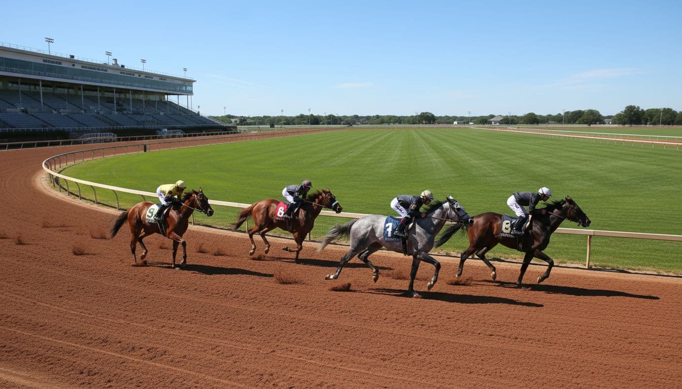 Dynamic aerial view of four thoroughbred horses racing on a dirt track at a Kentucky racetrack like Keeneland, with grandstands under a clear blue sky and vibrant green infield grass.