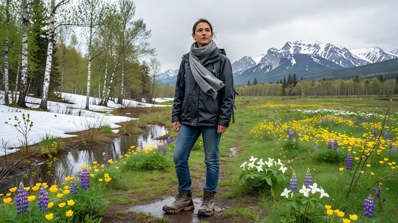 A young traveler stands in a Canadian park during spring, wearing a waterproof jacket, a light scarf, jeans, and sturdy shoes. The soft natural daylight illuminates the lush, green landscape surroundings.