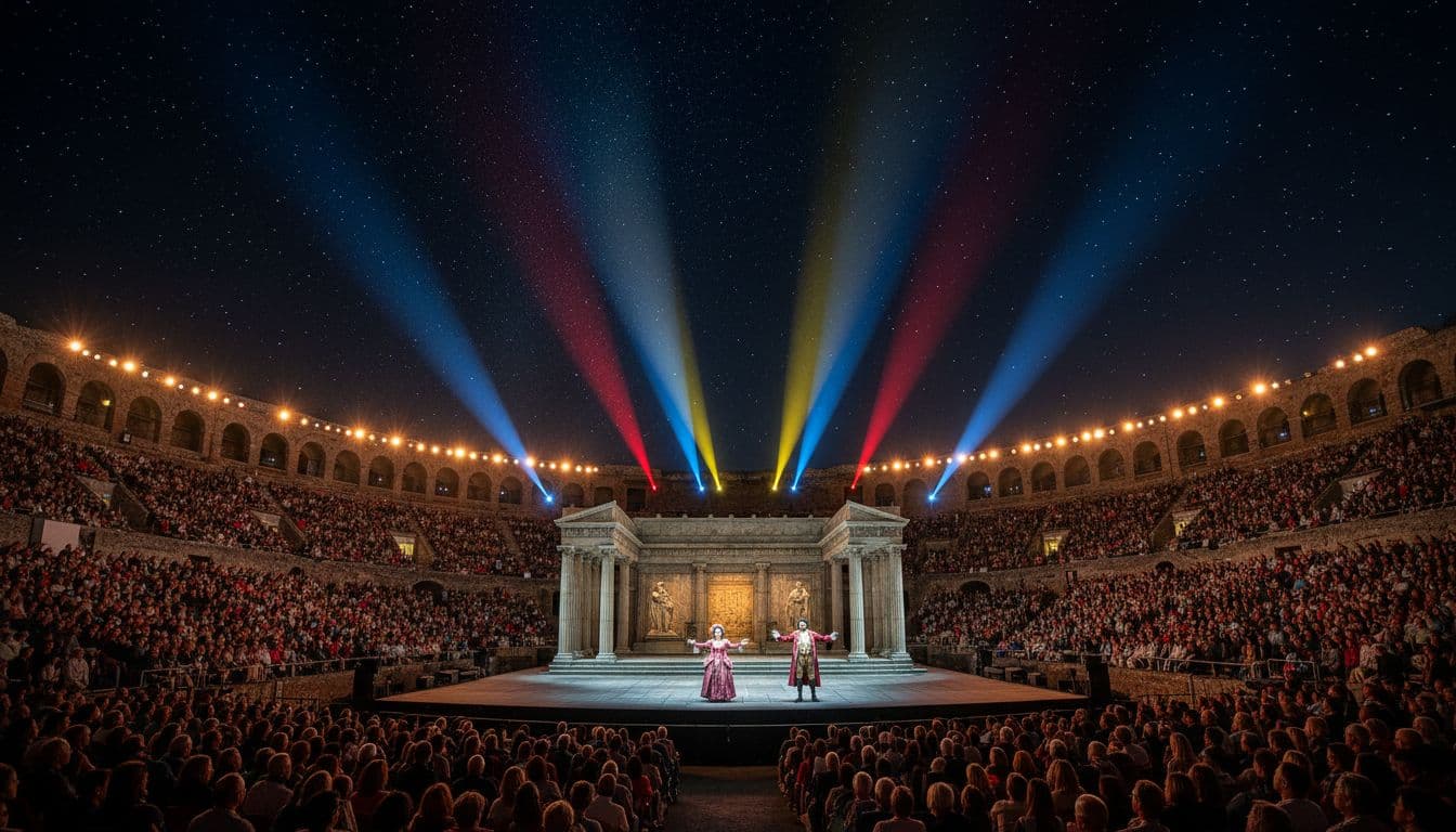 Ancient Roman Verona Arena at night during a massive open-air opera performance, with thousands of seated audience in the stone amphitheatre under a starry sky and vibrant stage spotlights on two passionate opera singers.