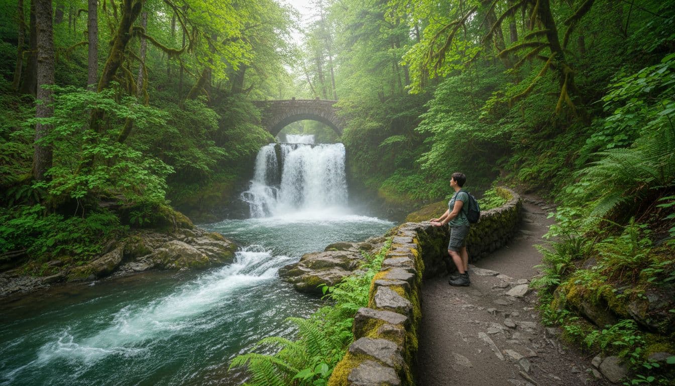 Cool forest trail beside a rushing creek leading to a photogenic multi-tiered waterfall with a stone bridge nearby, lush green woodland in summer, misty air from falls. Exactly one person standing on bridge viewing falls, relaxed hands on railing.