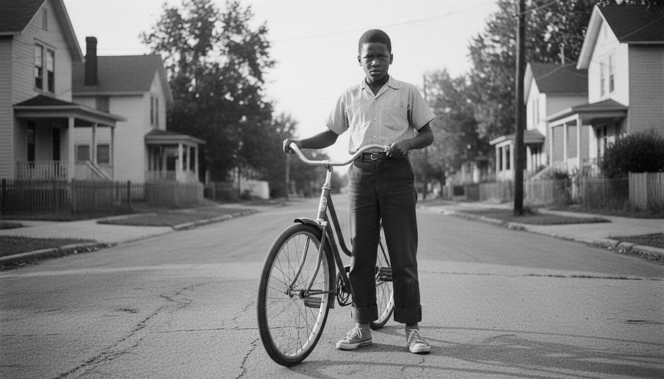 Vintage 1950s black and white street scene in Louisville, Kentucky: a determined 12-year-old African American boy holds a red bicycle amid modest houses on a sunny day.