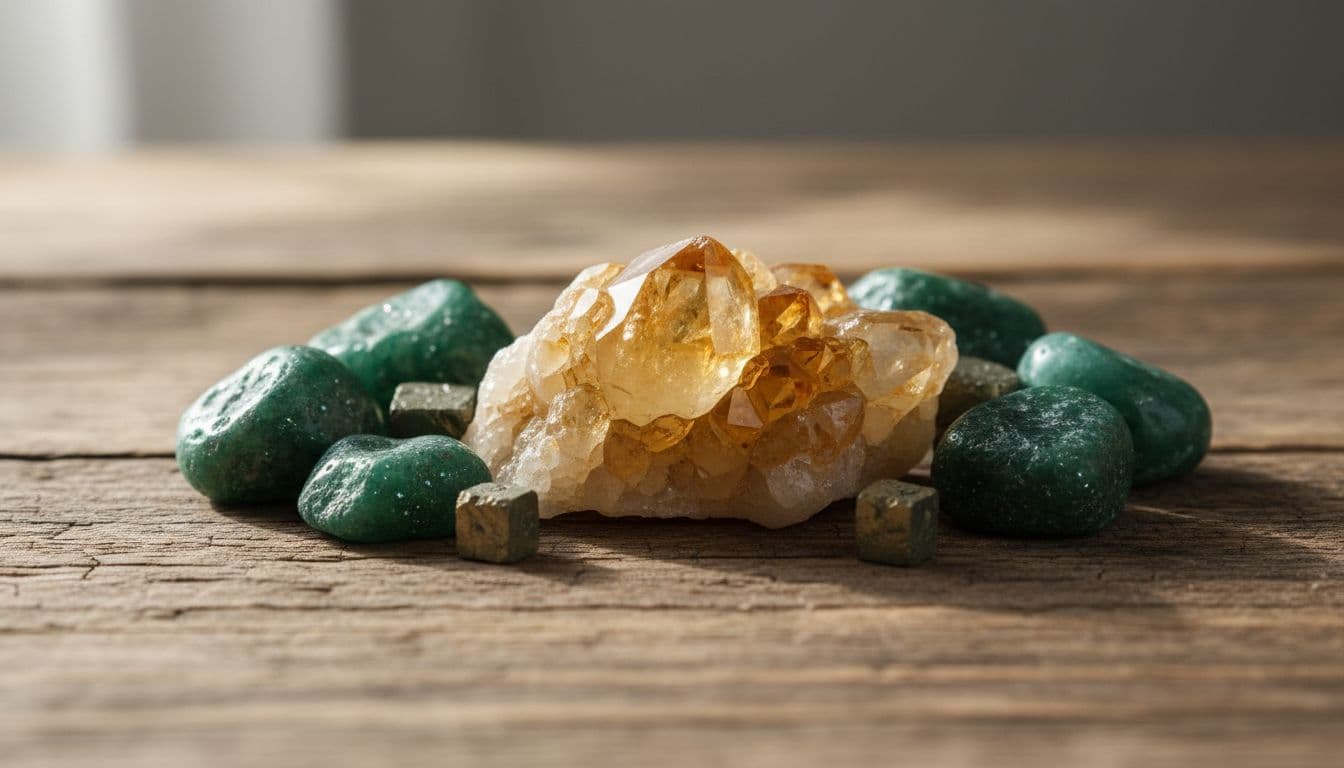 Polished pieces of golden citrine, vibrant green aventurine, and metallic pyrite chips lie scattered across a textured rustic wooden surface. Natural morning light highlights the unique geometric facets and raw textures.
