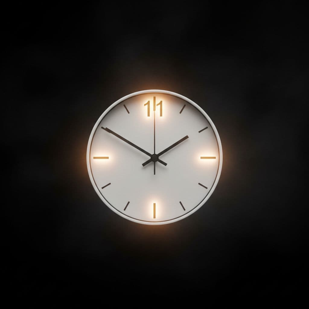 Close-up of an analog clock hands at exactly 11:11 on a simple white face, with soft golden ethereal glow surrounding the numbers and subtle mist in a dark serene background, in high-detail realistic photography style evoking spiritual aura.