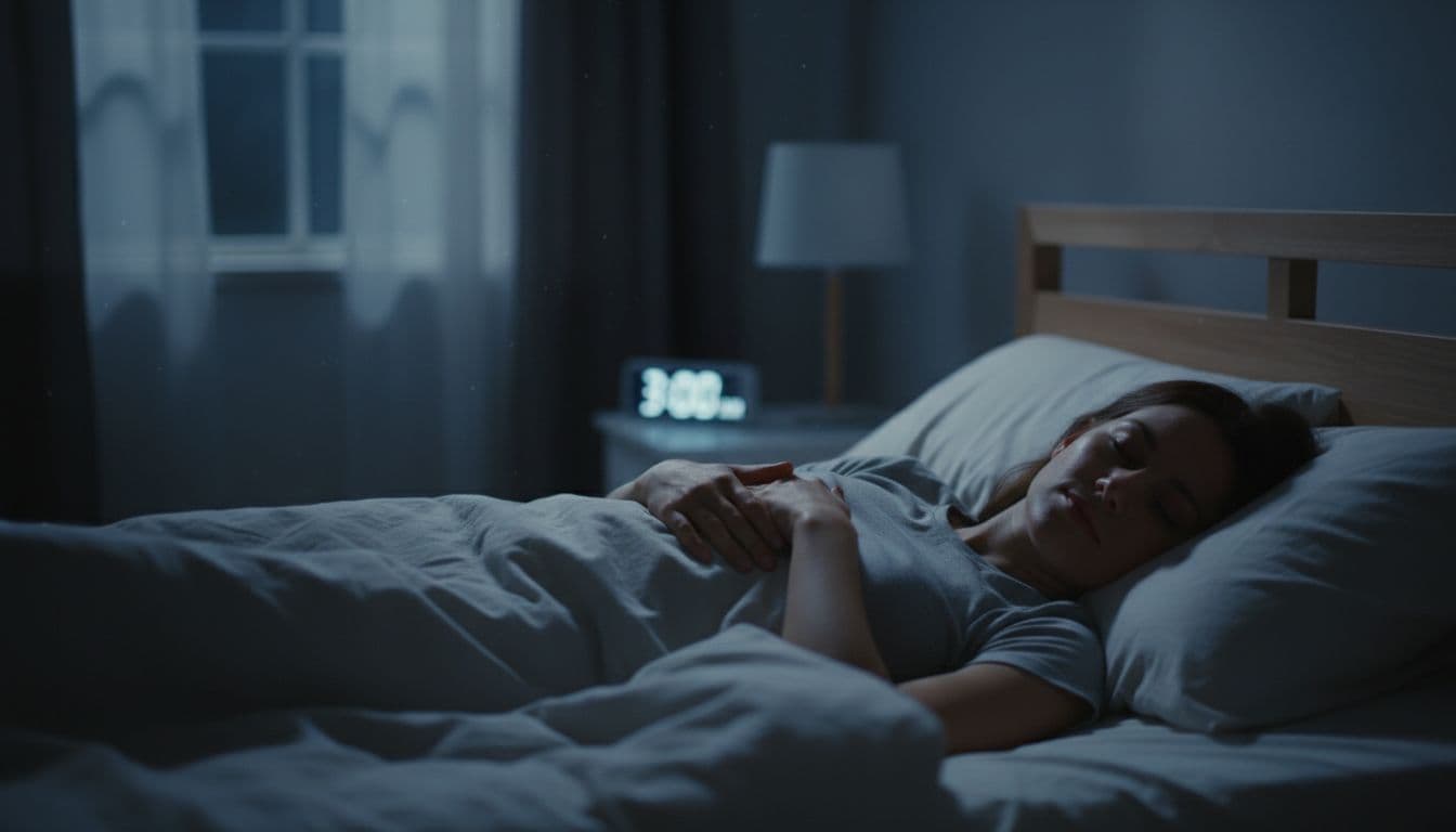 A person lies in bed at night with eyes half-open during a light sleep stage, a faint 3 AM clock in the background, dim bedroom lit by moonlight through the window.