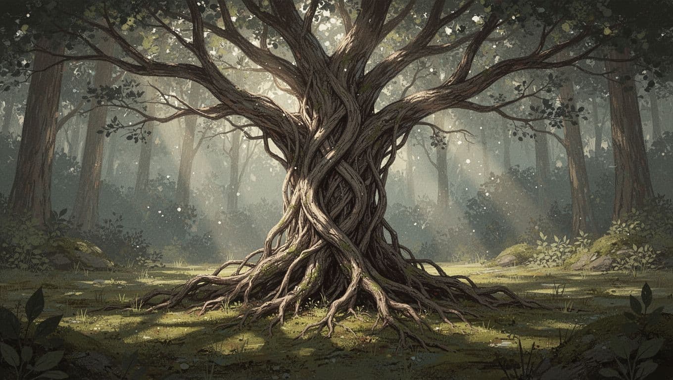 Abstract family tree with intertwined roots and branches showing repeating patterns of light and shadow, symbolizing generational trauma and healing, in a serene forest setting using soft earth tones in an illustrative style.