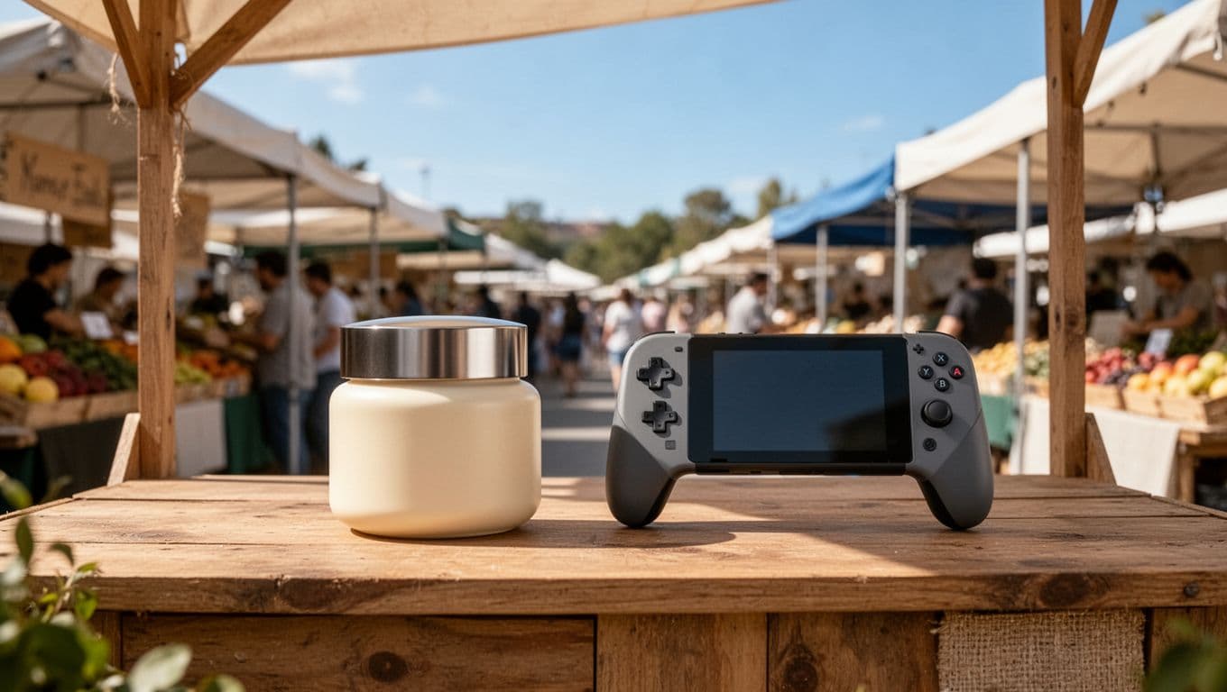 Outdoor market stall displays beauty creams, perfumes, video games, consoles, kitchen appliances, toys, and TVs.