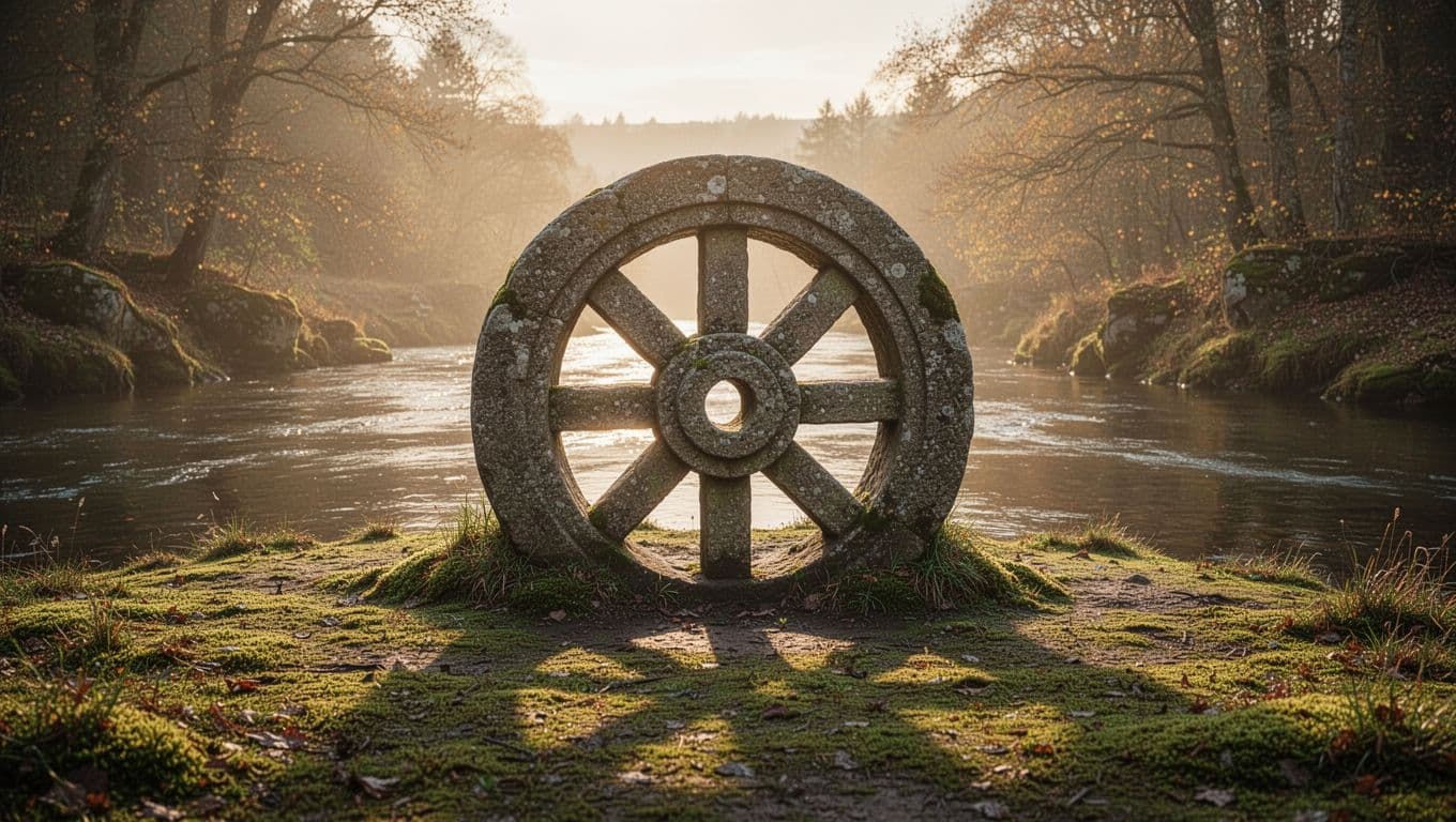 Large ancient stone wheel half-buried in mossy ground beside calm river with golden hour shadows.