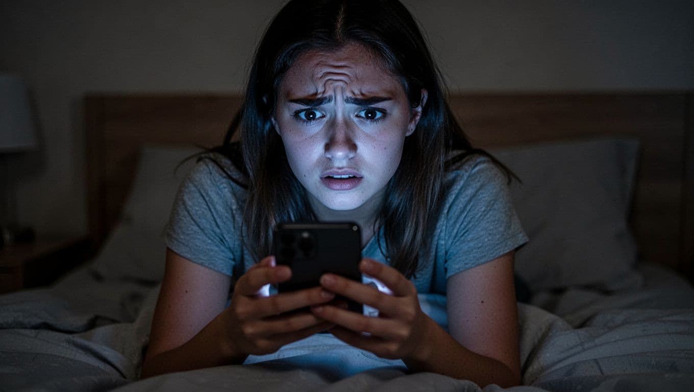 A young adult woman appears anxious, obsessively scrolling on her phone in a dimly lit room at night, with furrowed brow, tense posture, and soft blue light from the blurred screen.