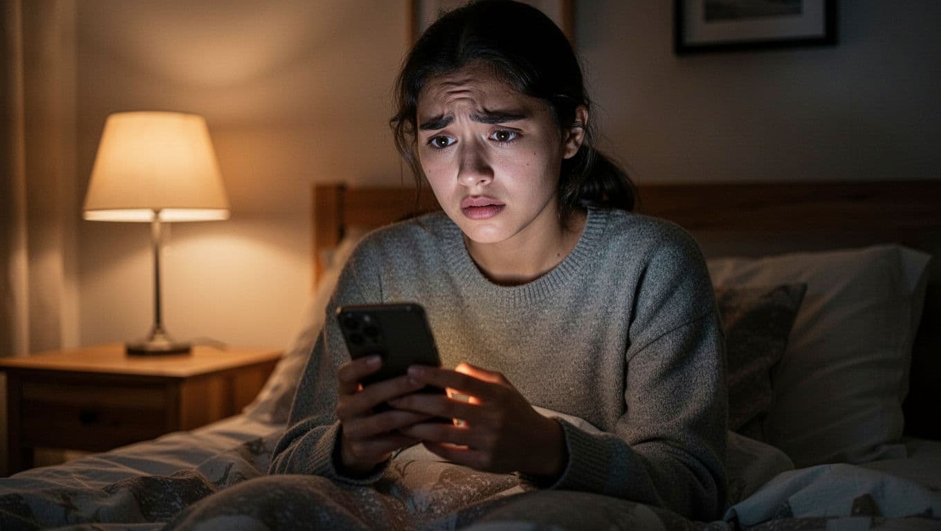 A young adult sits alone in a cozy dimly lit room at night, holding a smartphone with a soft notification glow angled away, face showing mix of hope and anxiety under warm lamp light.
