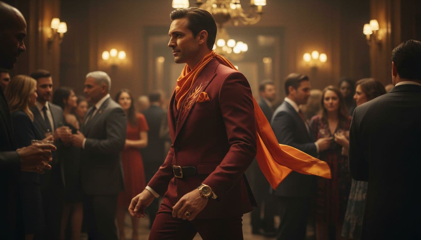 Stylish person strides confidently into crowded room under warm lighting.