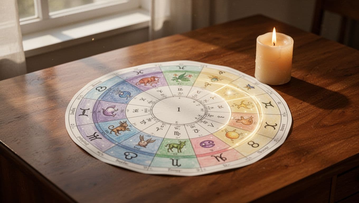 Detailed astrological birth chart wheel on wooden desk under window light, rising sign highlighted at first house, candle nearby.