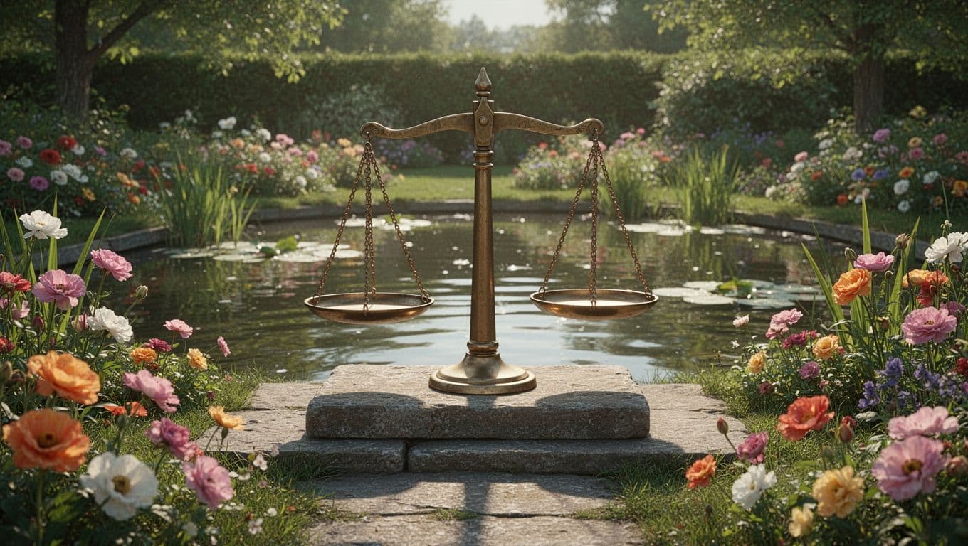 Photorealistic balanced scales in a serene garden under soft midday sun, surrounded by blooming flowers and calm pond, symbolizing mind-body-soul harmony with no people or text.