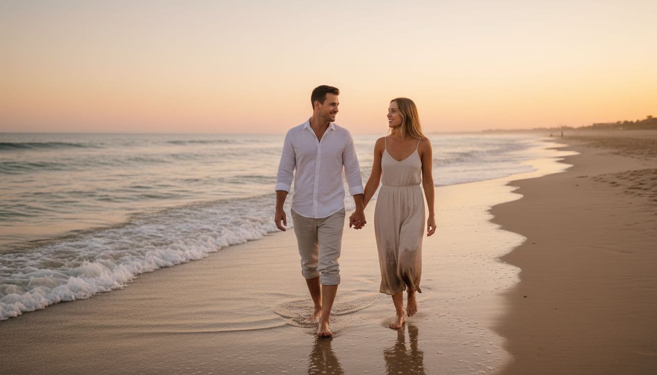 A couple walks barefoot side by side on a sandy beach at sunset, holding hands loosely with calm smiles and relaxed postures as gentle waves lap their feet under orange-pink sky.
