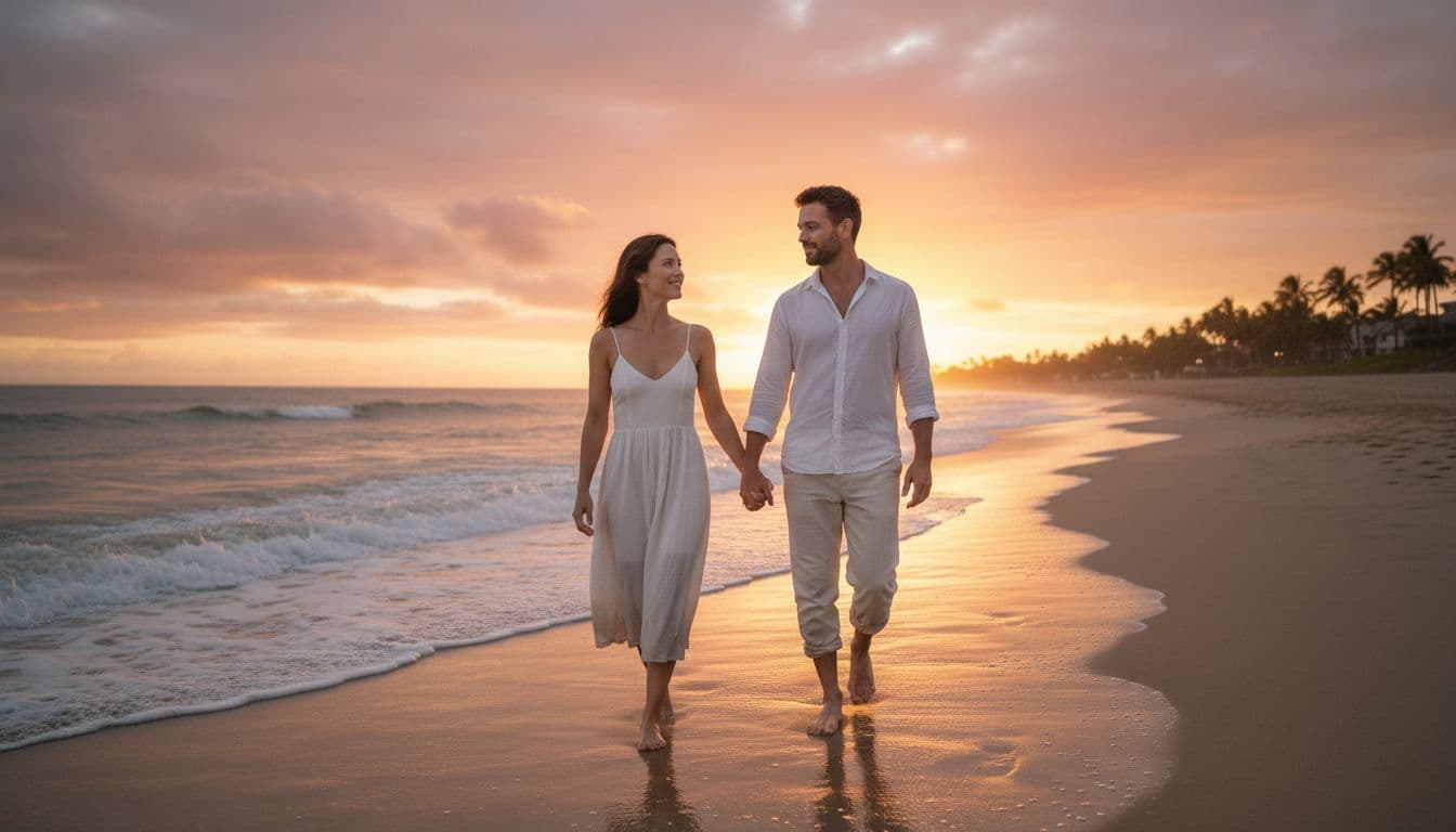 Two barefoot people walk side by side on sandy beach at sunset, holding hands loosely with calm smiles, ocean waves lapping shore.