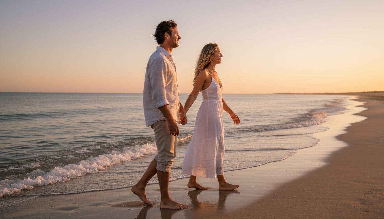 Couple in 30s walks barefoot hand-in-hand along calm beach at sunset with gentle waves.