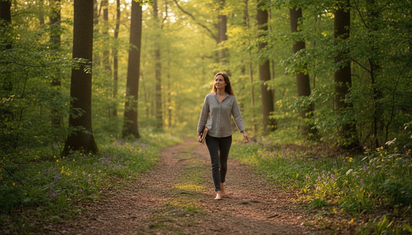 A calm person walks barefoot on a lush forest path during golden hour, carrying a journal under one arm with a gentle smile, surrounded by green trees and wildflowers in a peaceful natural setting.