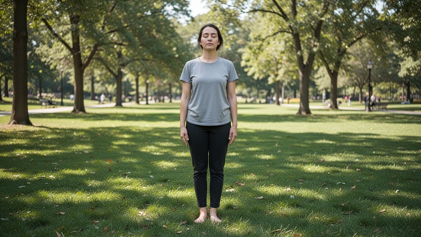 Person stands barefoot on green grass in sunny park, eyes closed, arms at sides.