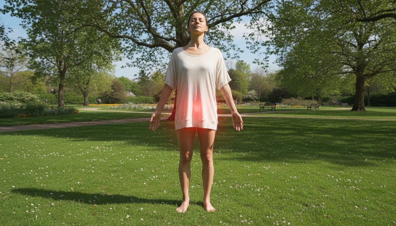 A serene person standing barefoot on green grass in a peaceful park, with subtle red glowing energy light at the base of the spine, embodying a grounding pose in natural daylight.