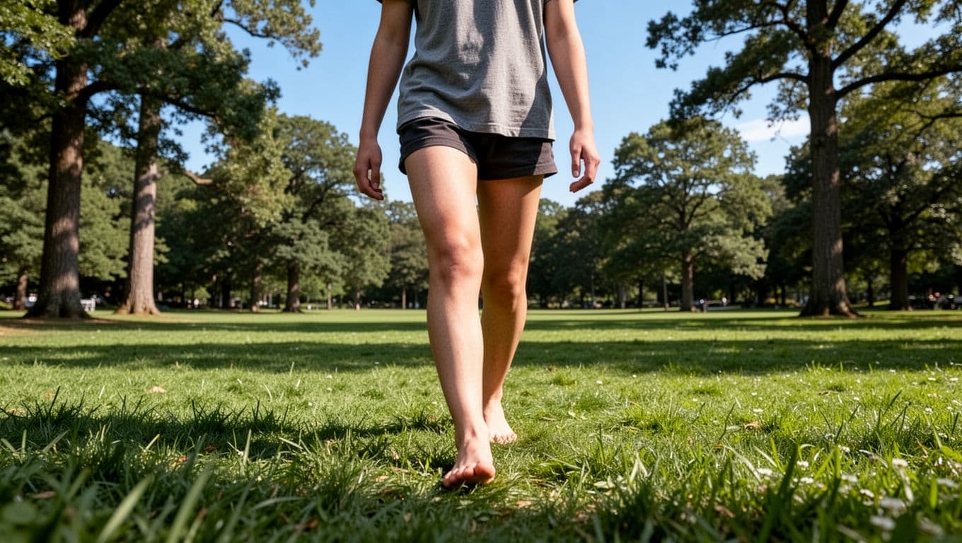 Person walks barefoot on green grass in sunny park with trees and sky behind.
