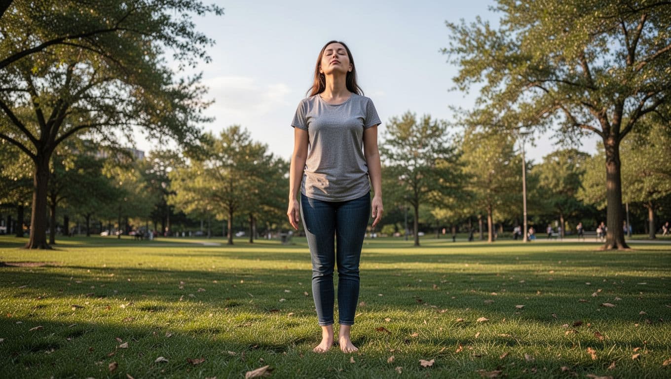 Woman stands barefoot on grass in park, eyes closed, hands relaxed at sides.