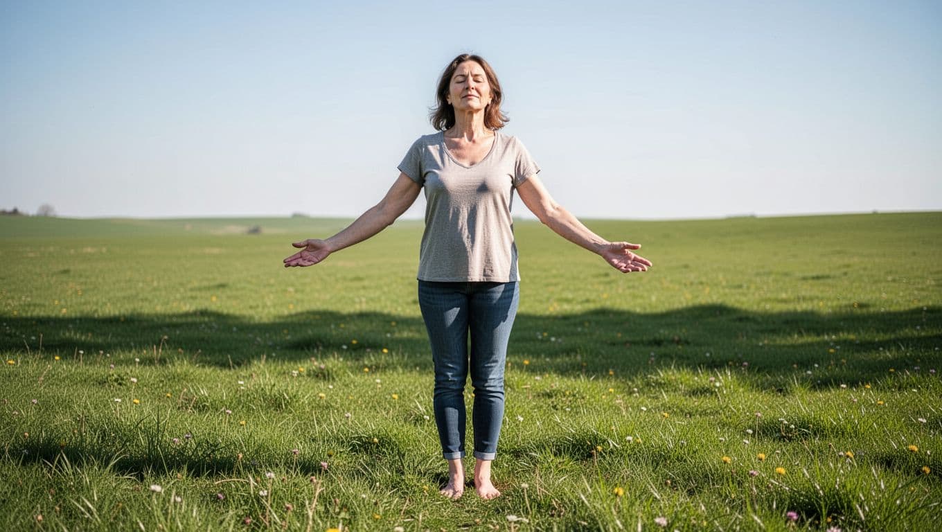 A woman stands barefoot on green grass in a sunny meadow with arms gently outstretched and eyes closed, feeling grounded and energized by her earth connection.