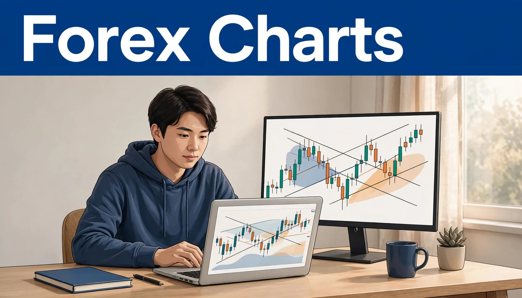 A beginner studies abstract forex charts on a laptop beside a large monitor.