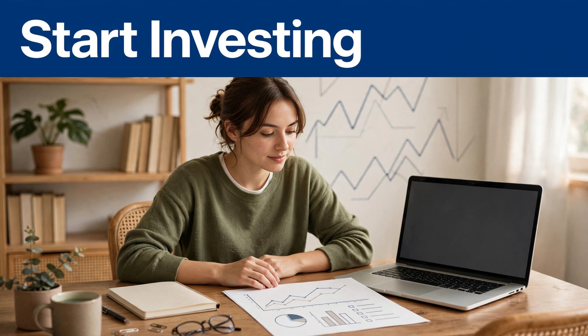 A beginner investor reviews a plan beside a laptop and notebook at a tidy desk.