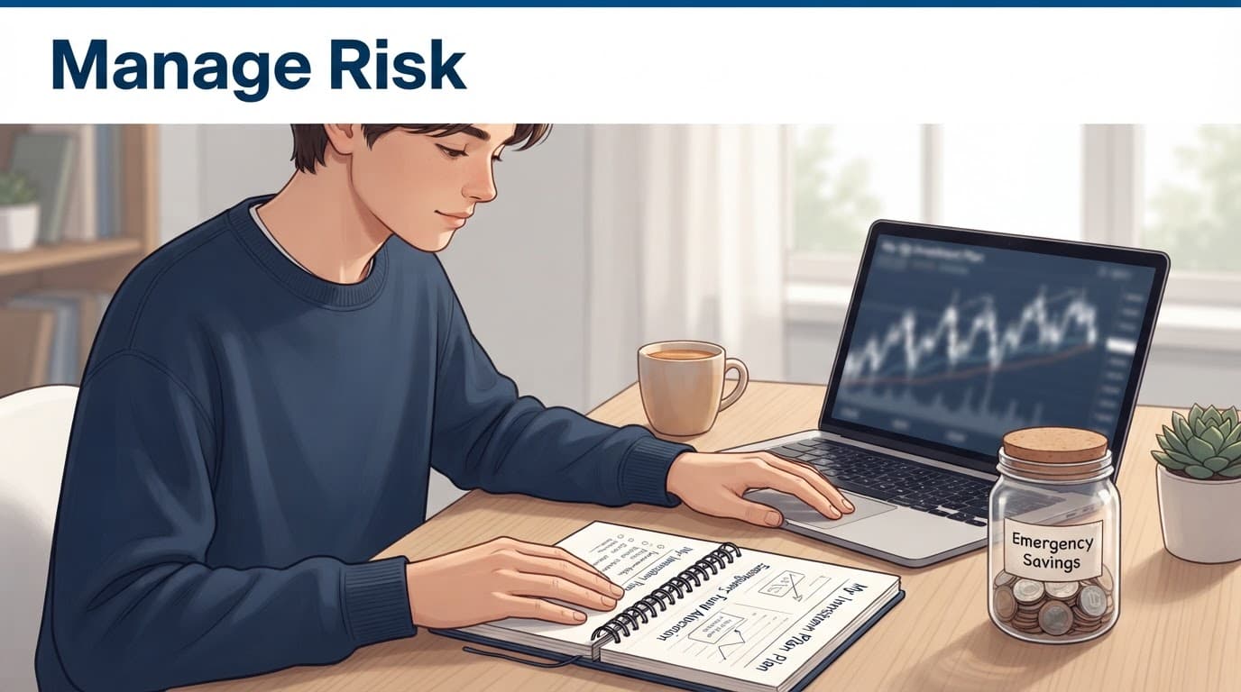 A beginner investor reviews a laptop, savings jar, and notebook at a tidy desk.