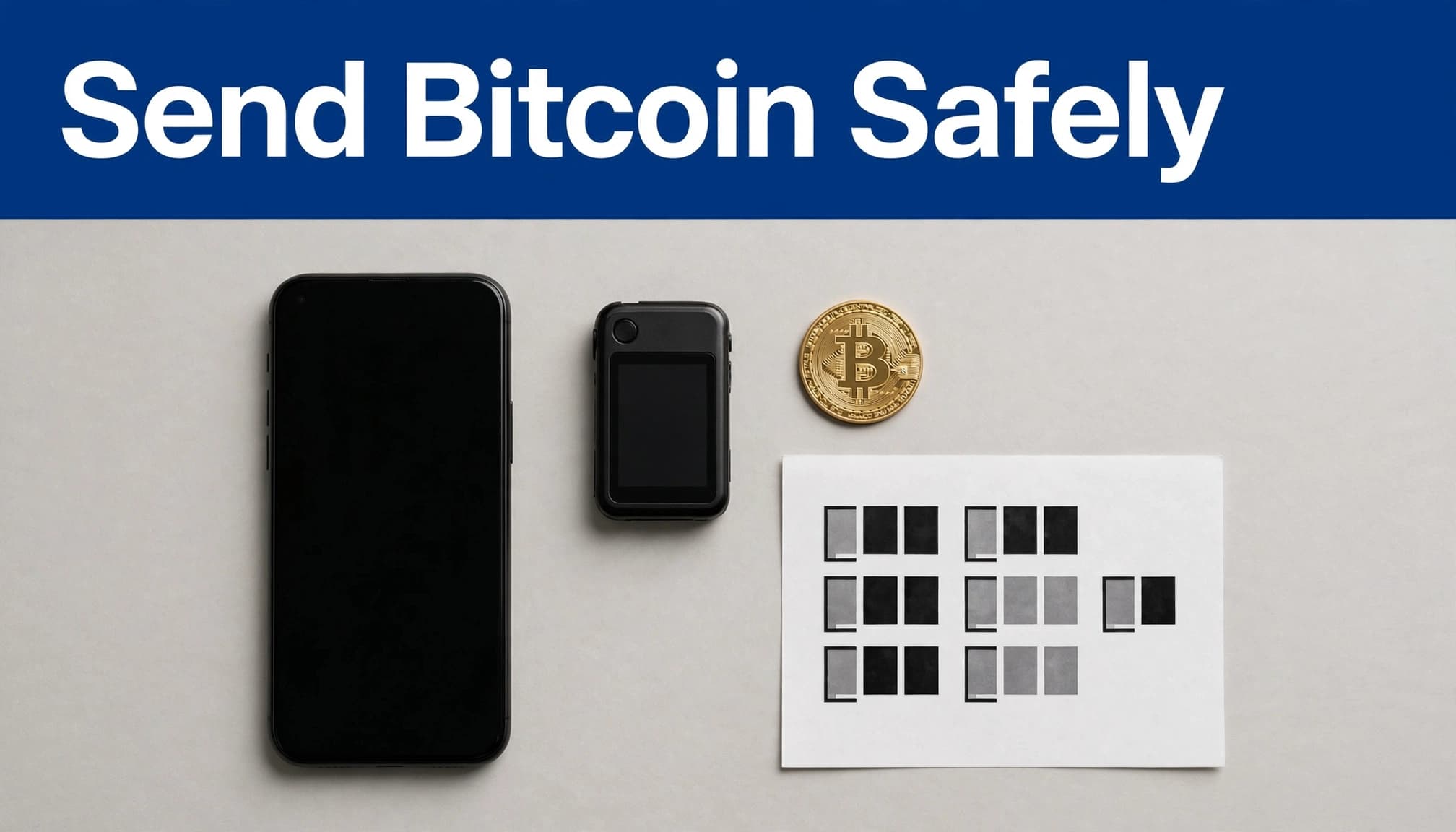 A phone, hardware wallet, and Bitcoin coin beneath a blue safety headline.