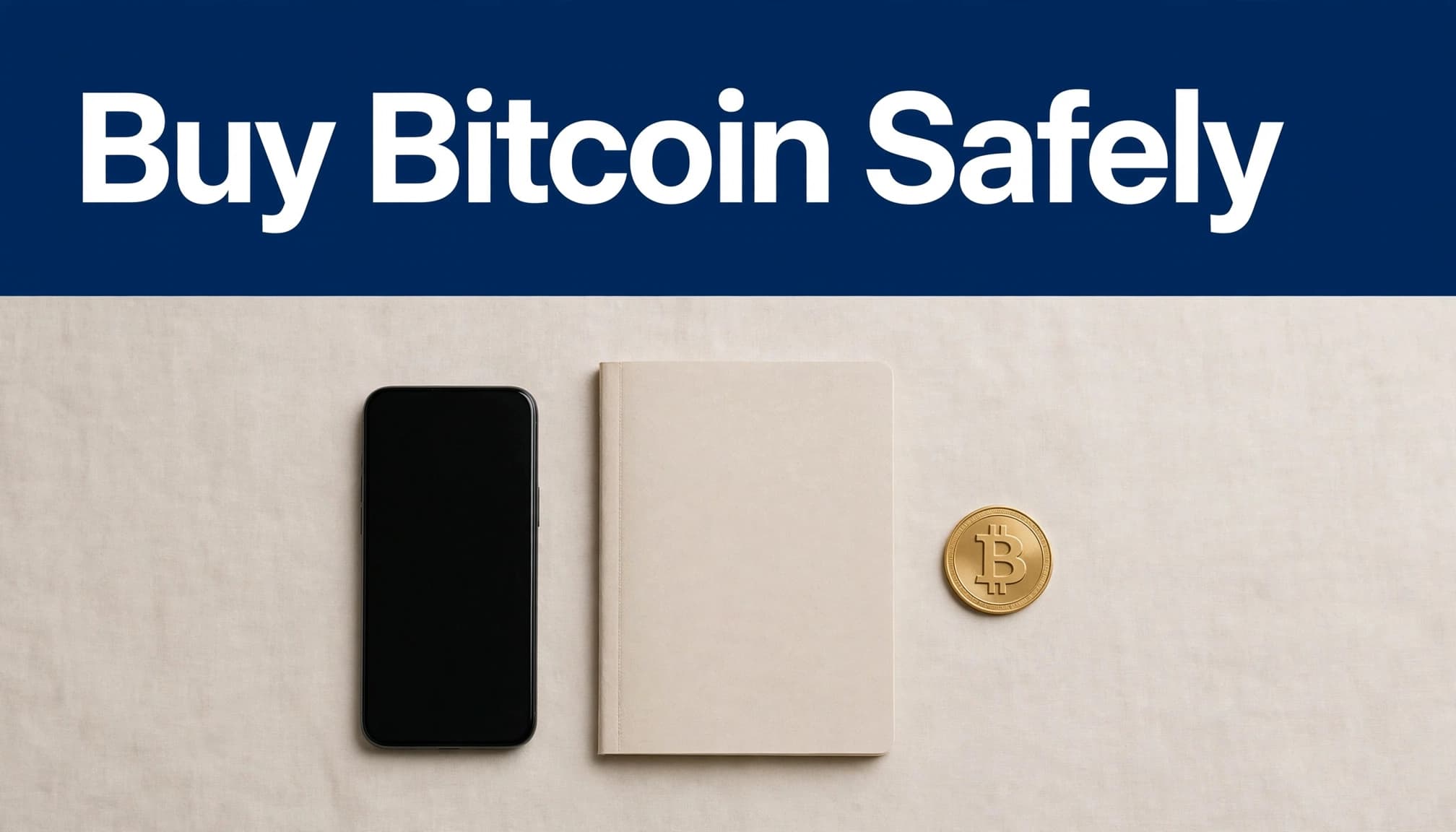 A smartphone, finance notebook, and Bitcoin symbol beneath a blue safety headline.