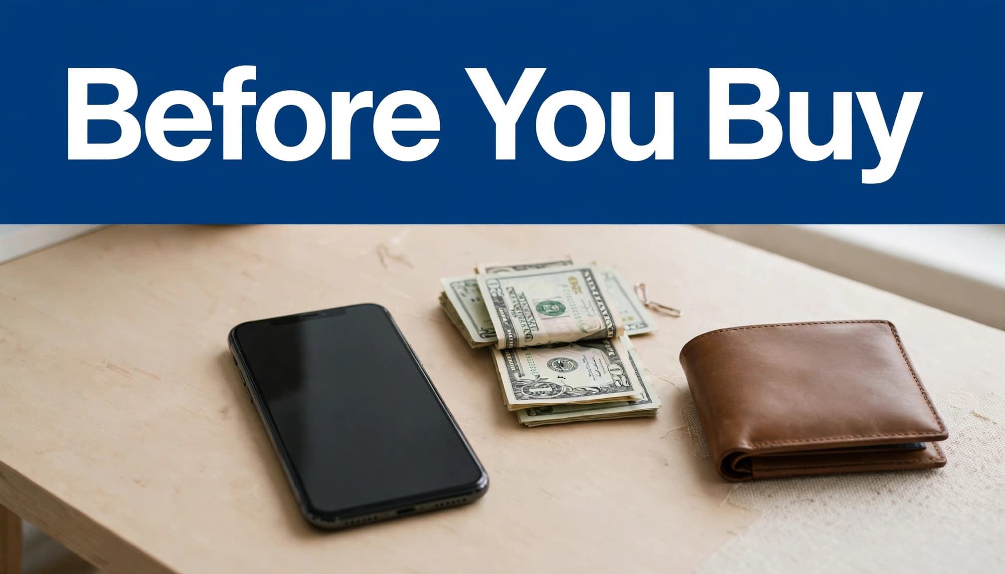 A smartphone, cash, and wallet sit on a clean desk beneath a blue headline band.