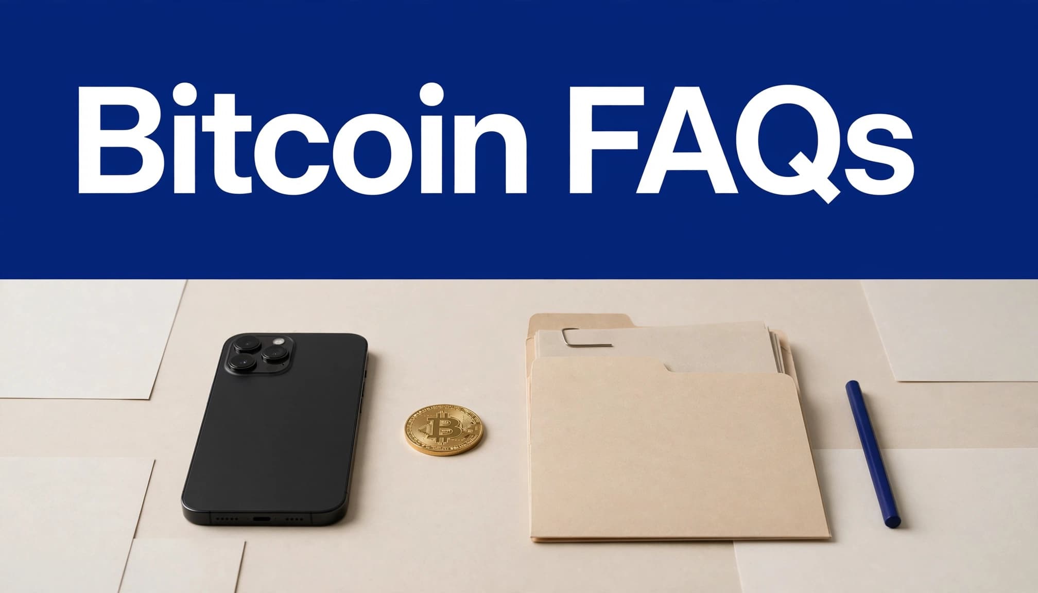 A smartphone sits beside a Bitcoin symbol and tax folder under a blue Bitcoin FAQs banner.
