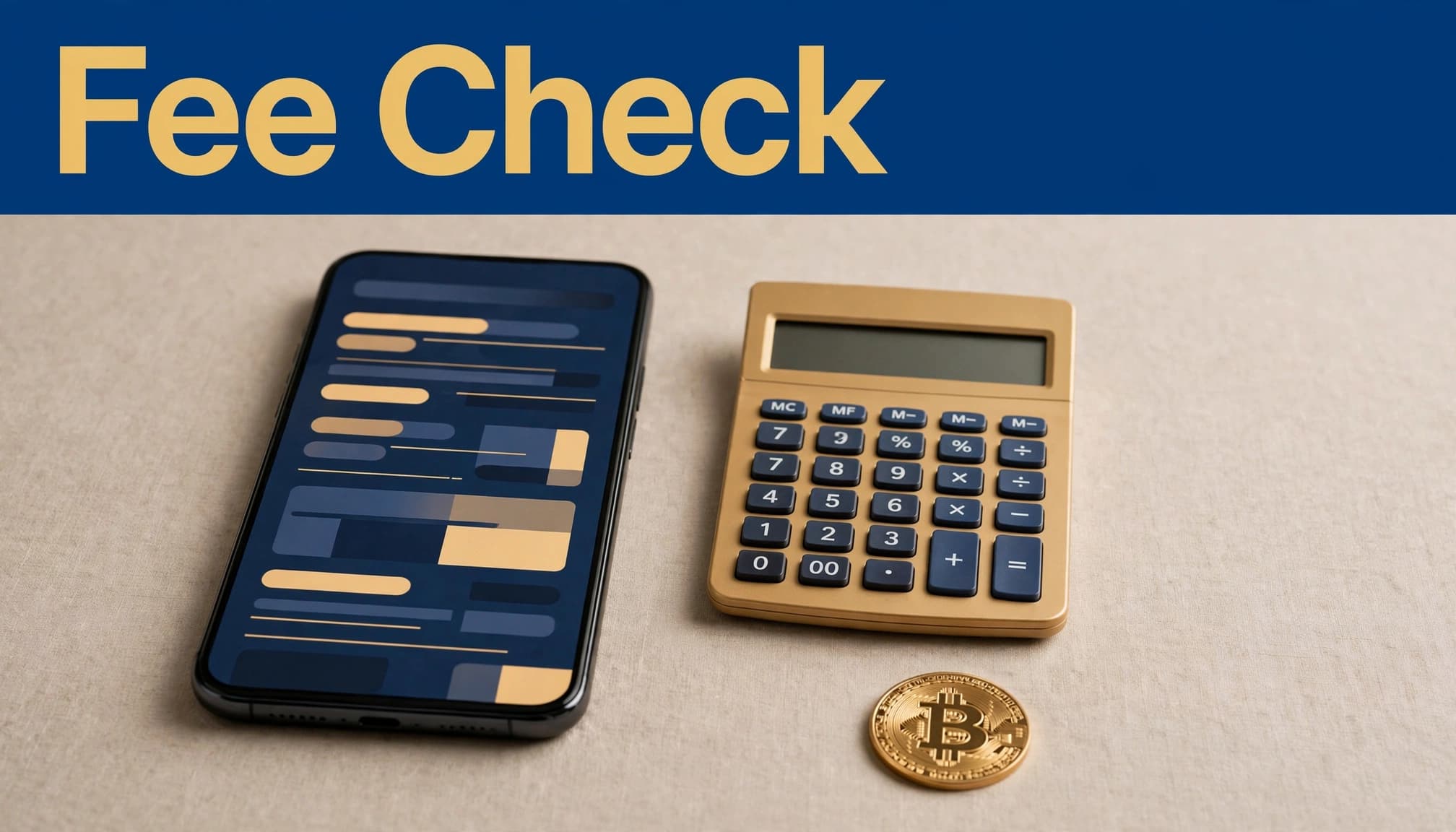 A smartphone, calculator, and Bitcoin coin arranged on a finance desk.