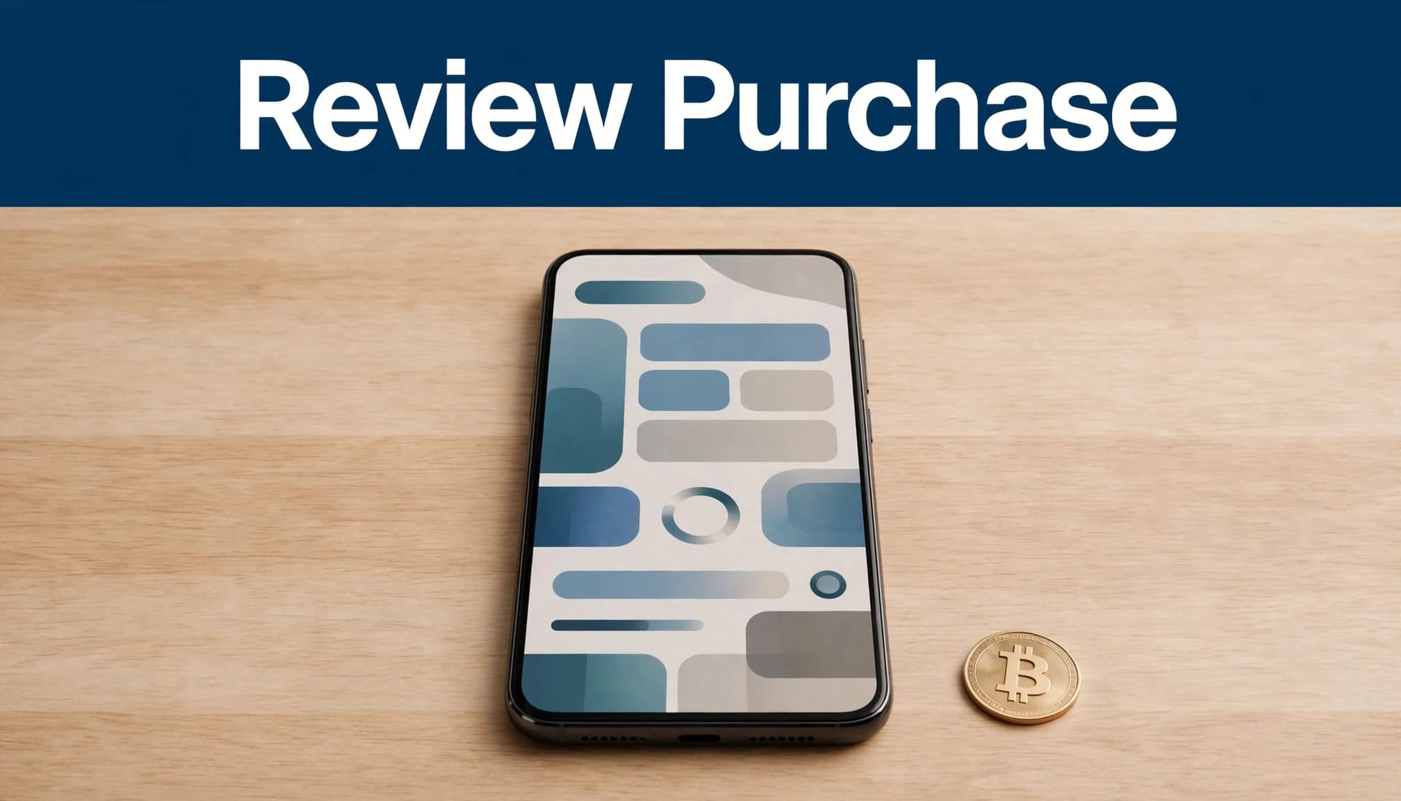 A smartphone displays a Bitcoin purchase review screen beside a small coin on a clean desk.