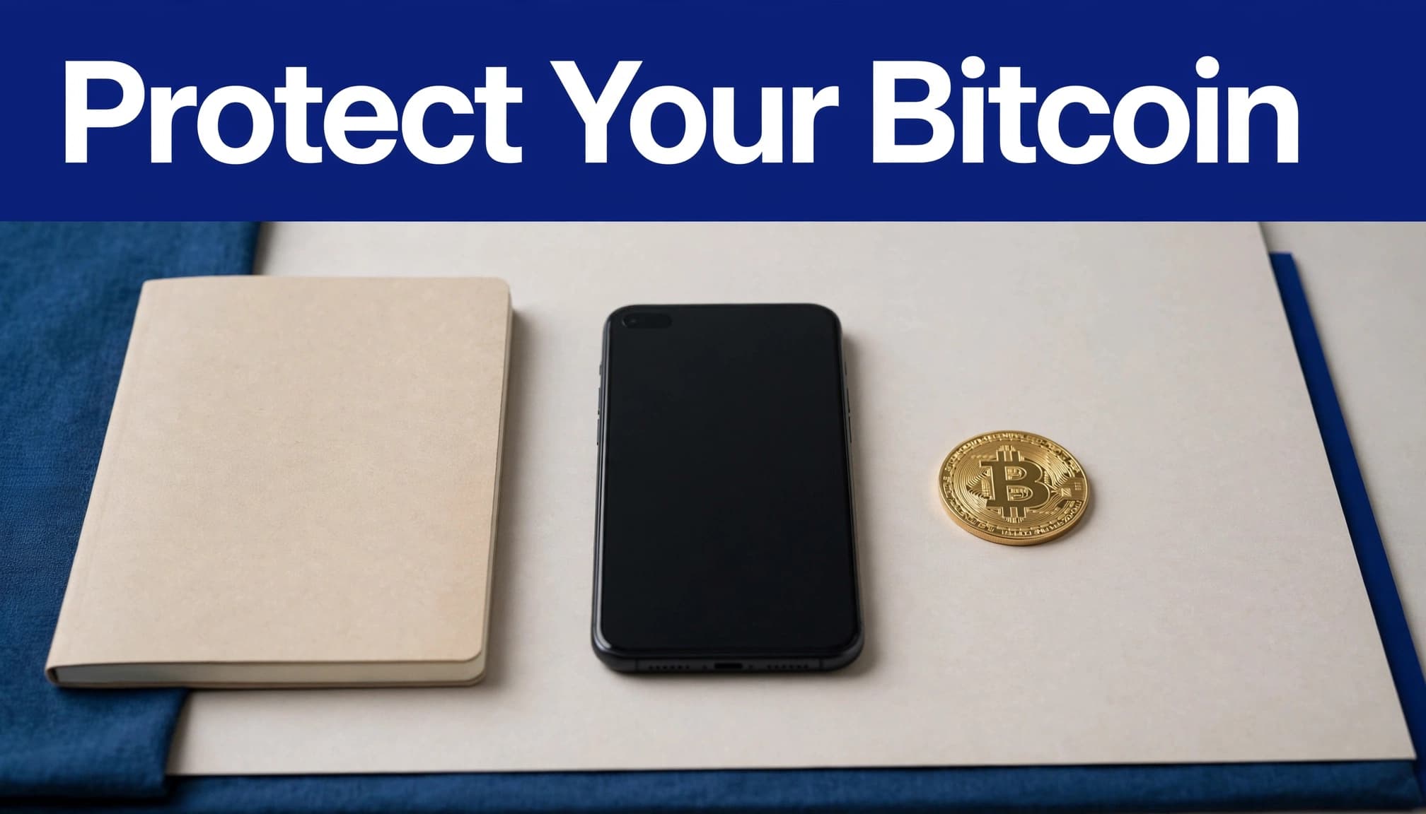A smartphone, notebook, and Bitcoin coin arranged on a blue-accented desk.