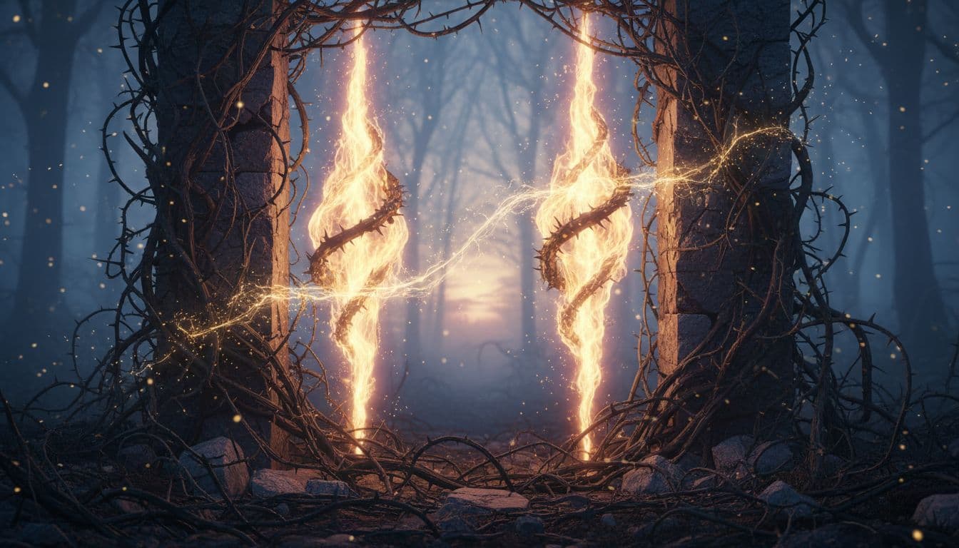 Two golden twin flames intertwined but separated by thorny vines and cracked stone barriers in a misty forest.