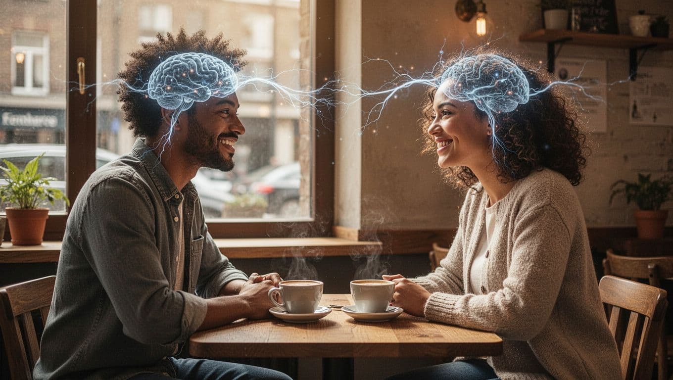 Two diverse adults in a cozy cafe share warm smiles and eye contact during conversation, with faint glowing neural pathways connecting their heads to depict brain synchronization.