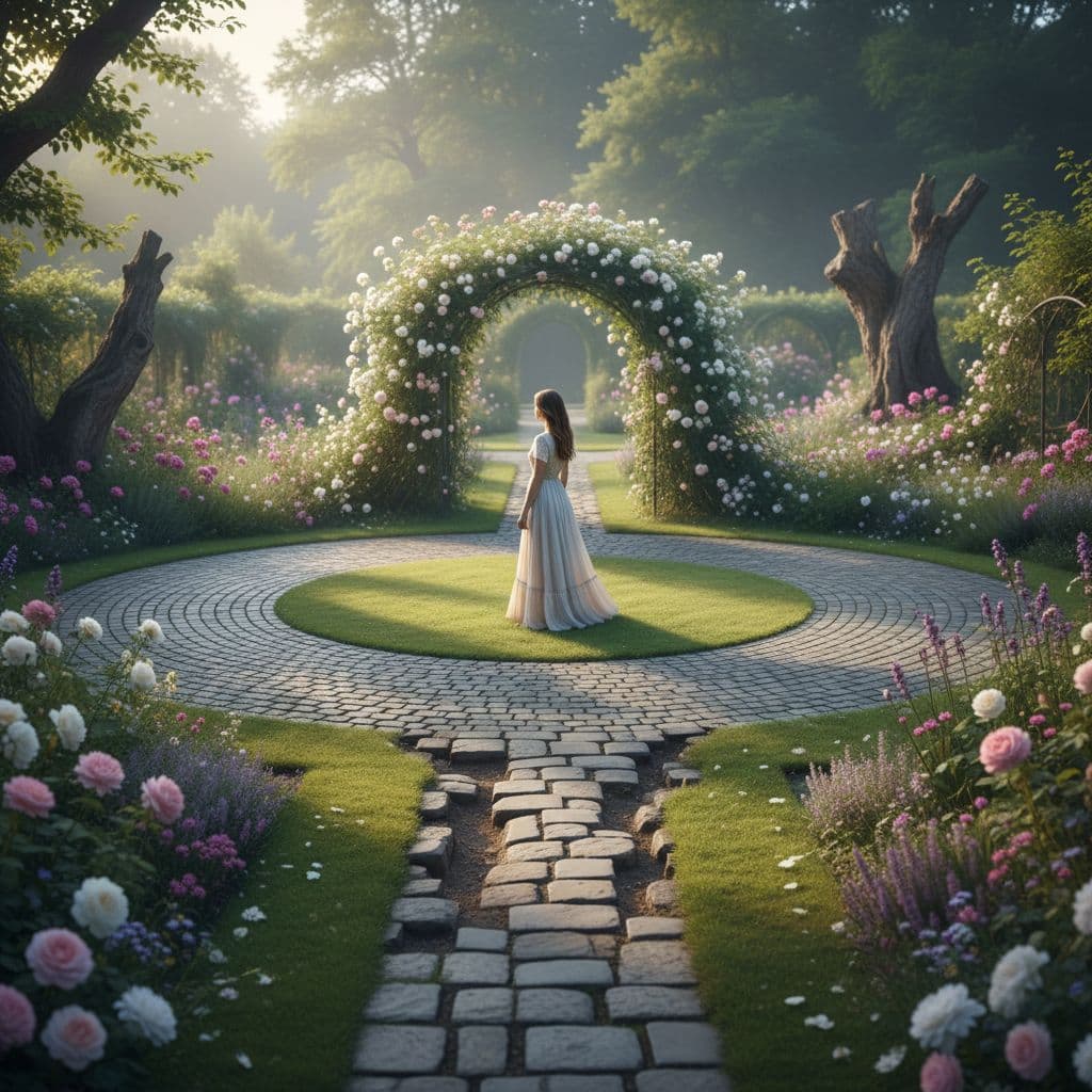 A person stands in a sunlit garden, stepping away from a circular stone path onto a new walkway.