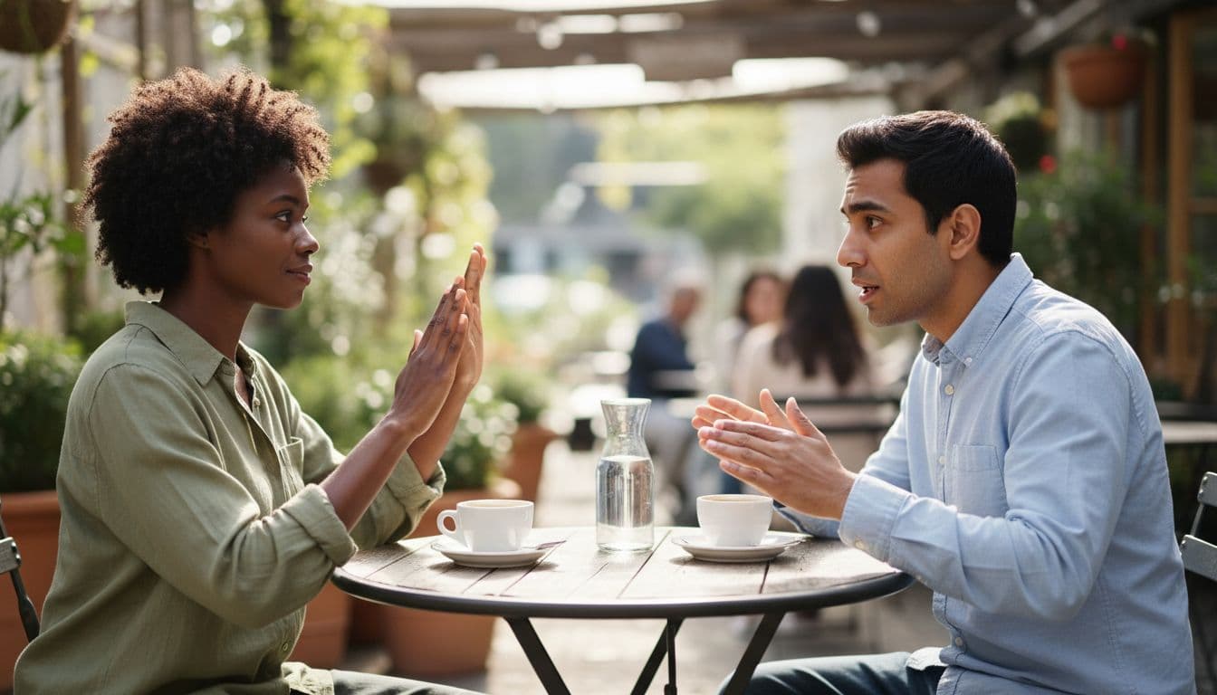 Two diverse adults seated at a sunlit outdoor cafe table, one making a gentle open-palm 'no' gesture while the other leans forward in surprise, capturing a moment of setting boundaries in conversation amid coffee cups.