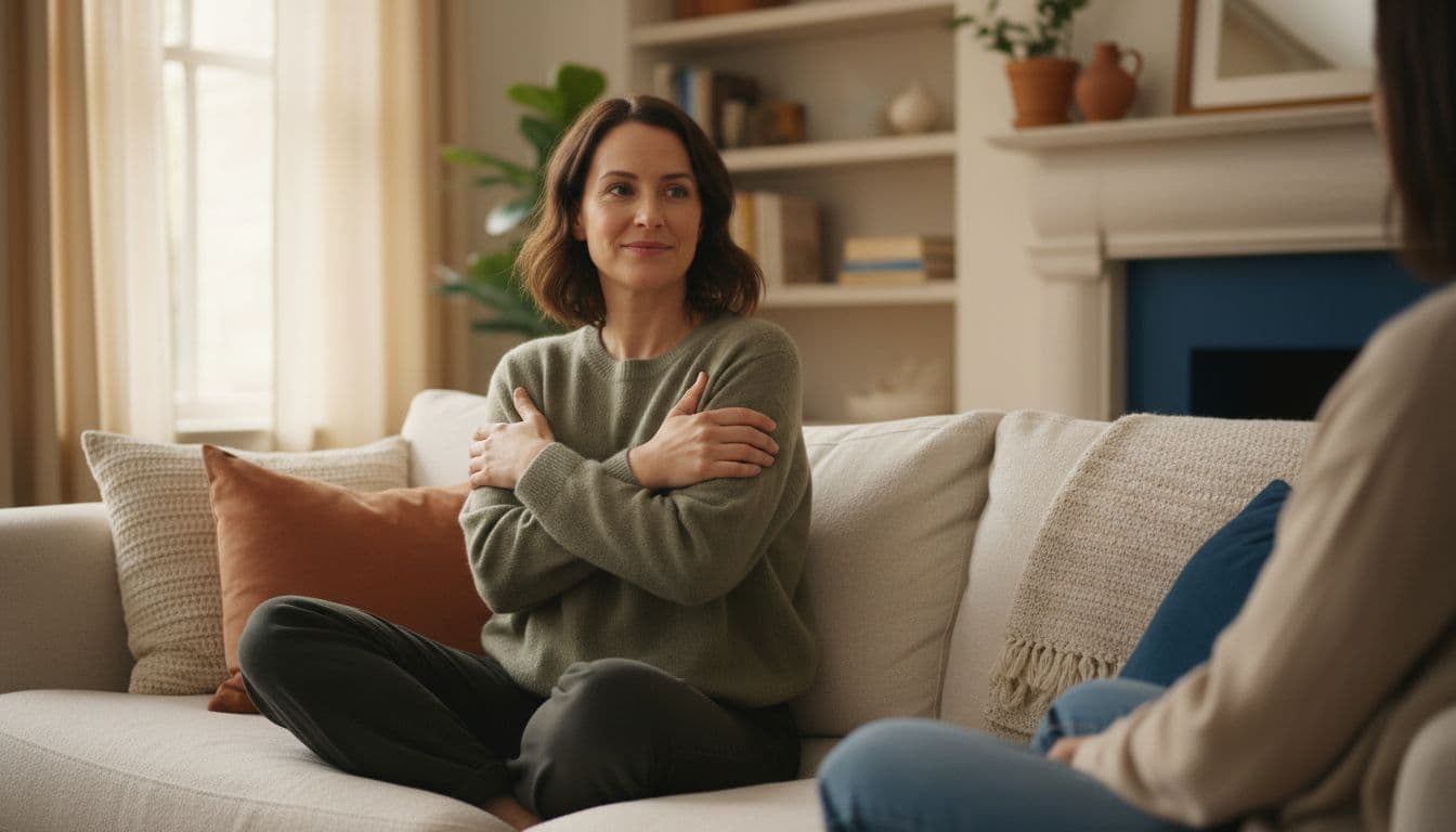 A calm adult sits on a couch in a cozy living room with arms gently crossed, facing off-frame with quiet confidence while setting a boundary. Soft natural light from the window illuminates the warm-toned, realistic scene focused on relaxed posture.
