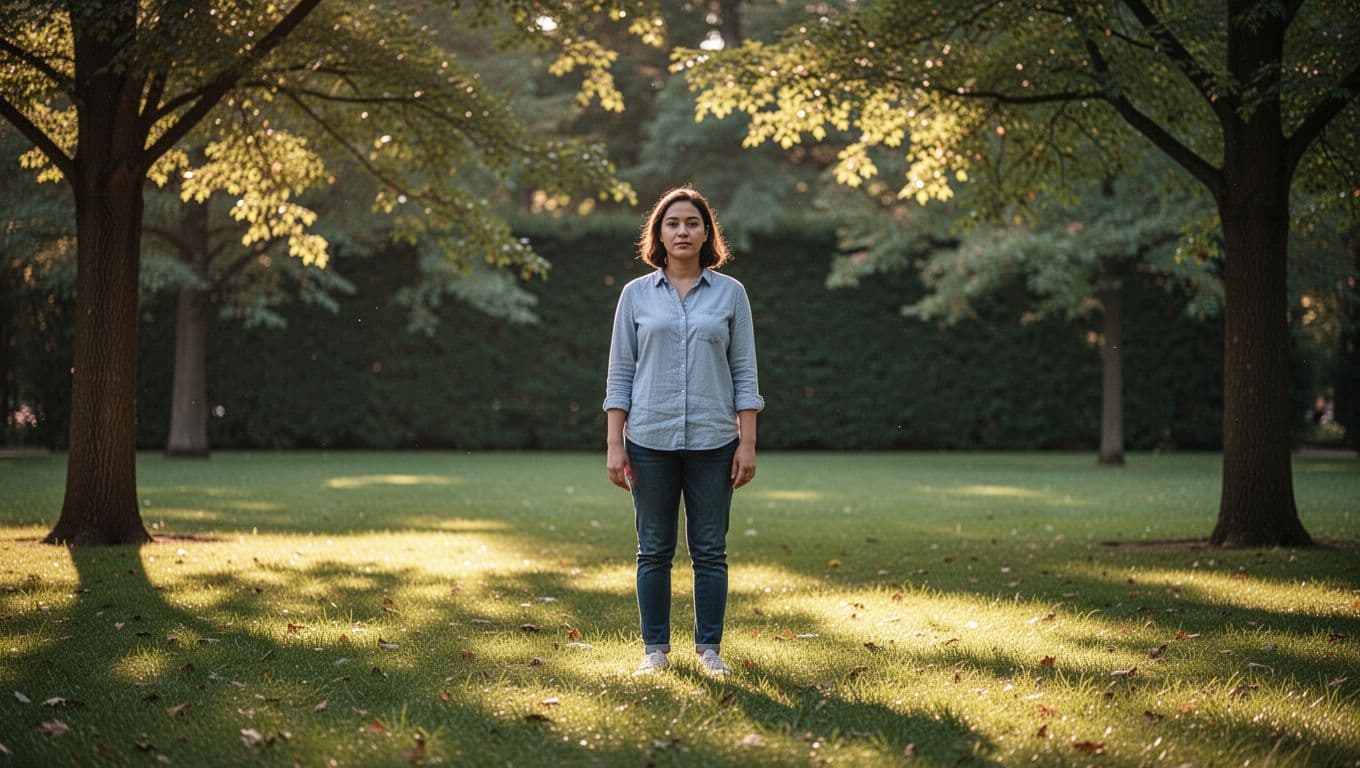 A calm person stands confidently in a park with relaxed posture, arms at sides, sunlight filtering through trees in warm natural light, depicting regained focus and inner peace.