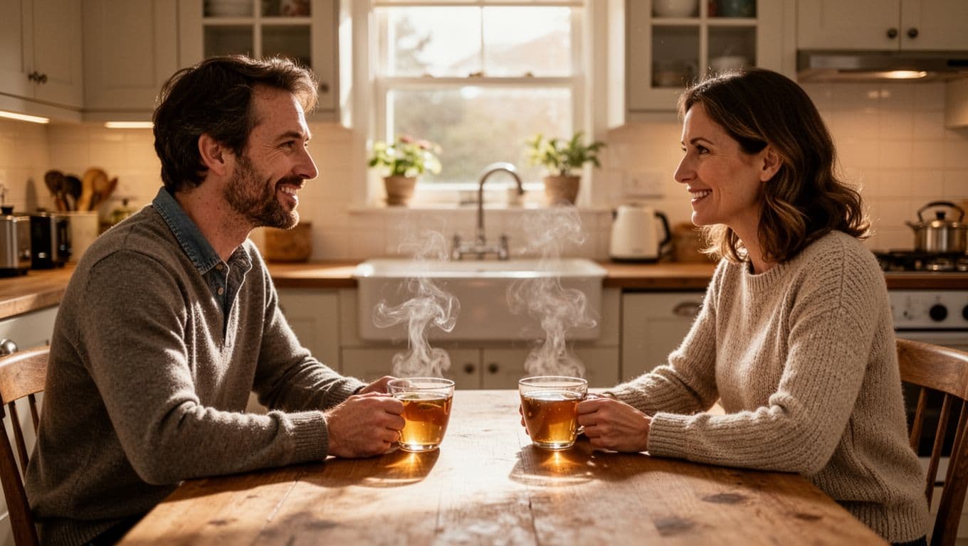 Two people face each other at a kitchen table with relaxed postures, genuine smiles, and tea cups between them under warm lighting.