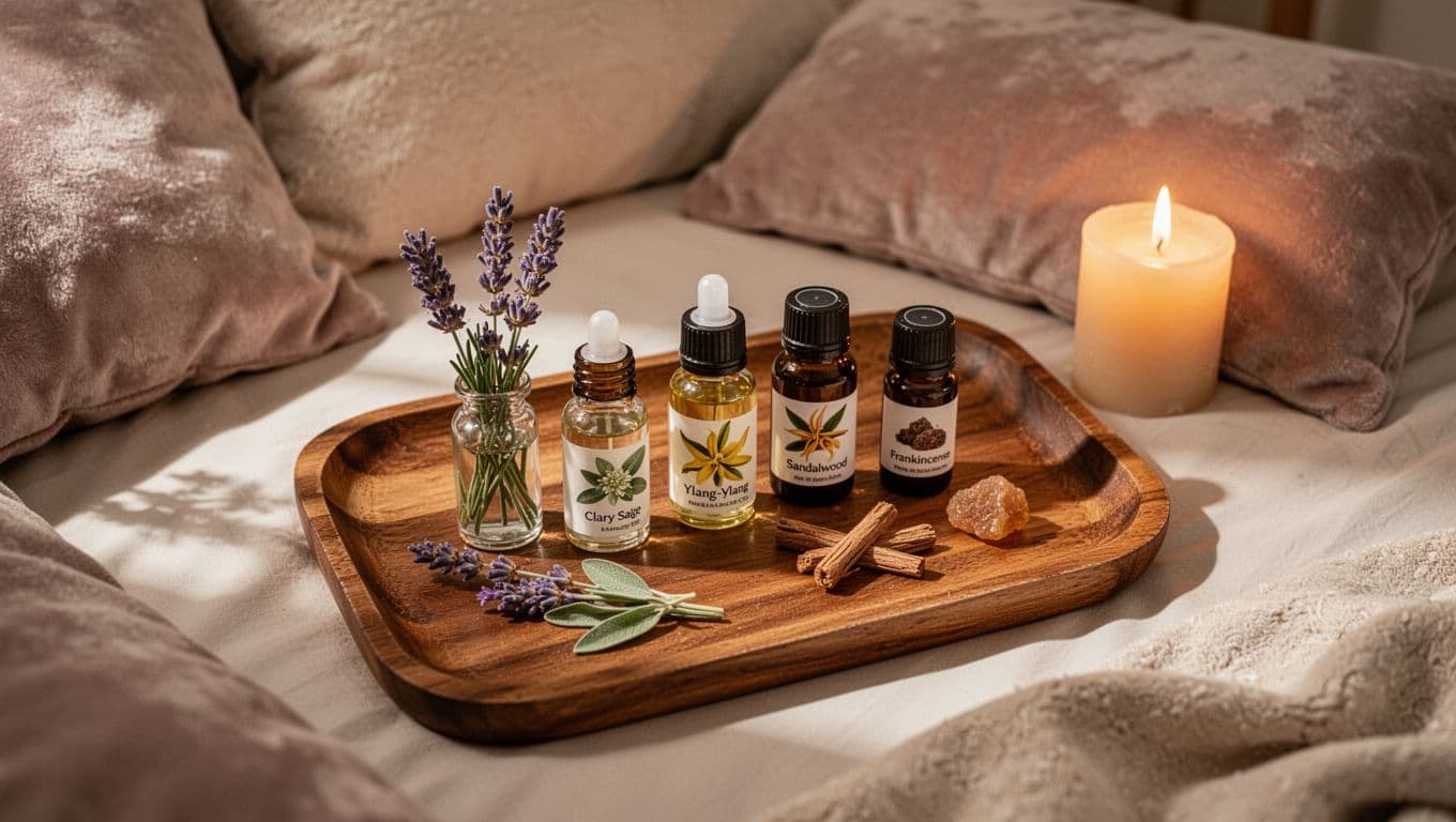 Bottles of lavender, clary sage, ylang ylang, sandalwood, and frankincense oils on a wooden tray with pillows and candlelight in a bedroom.