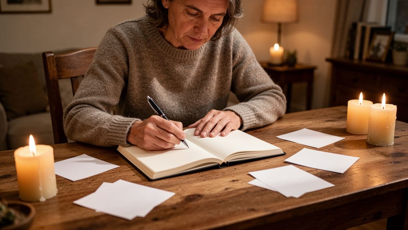 A person sits at a wooden desk in a cozy candlelit room, writing in an open journal with relaxed hands and a focused expression, surrounded by scattered notes in a realistic painting style.