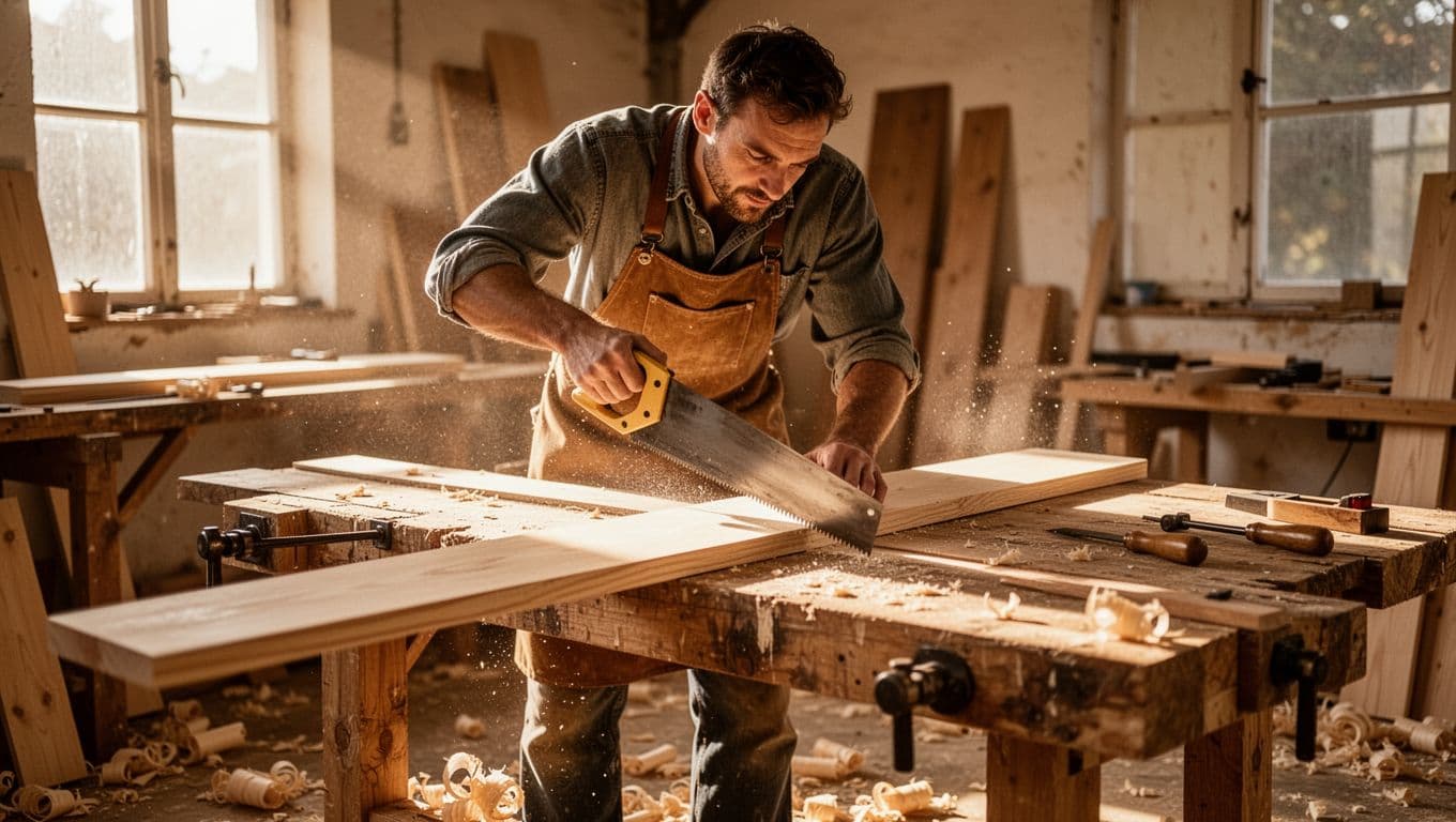Carpenter saws wooden board on workbench in sunlit workshop with shavings on floor and tools nearby.
