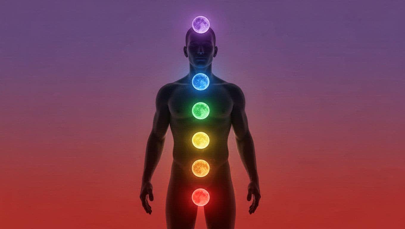 Standing human silhouette against red-to-violet gradient with seven colored glowing orbs at chakra positions.