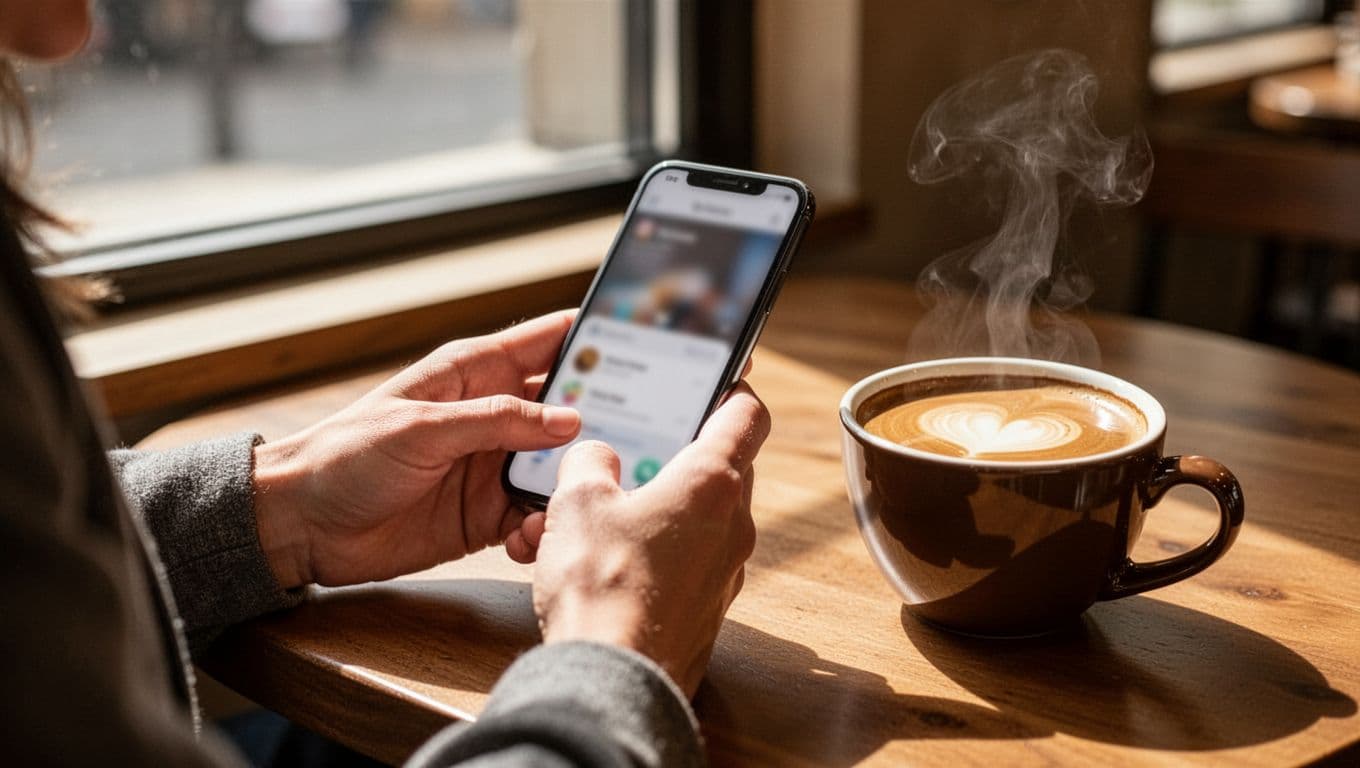 Close-up of relaxed hands holding phone on cafe table, blurred screen on app, coffee cup nearby.
